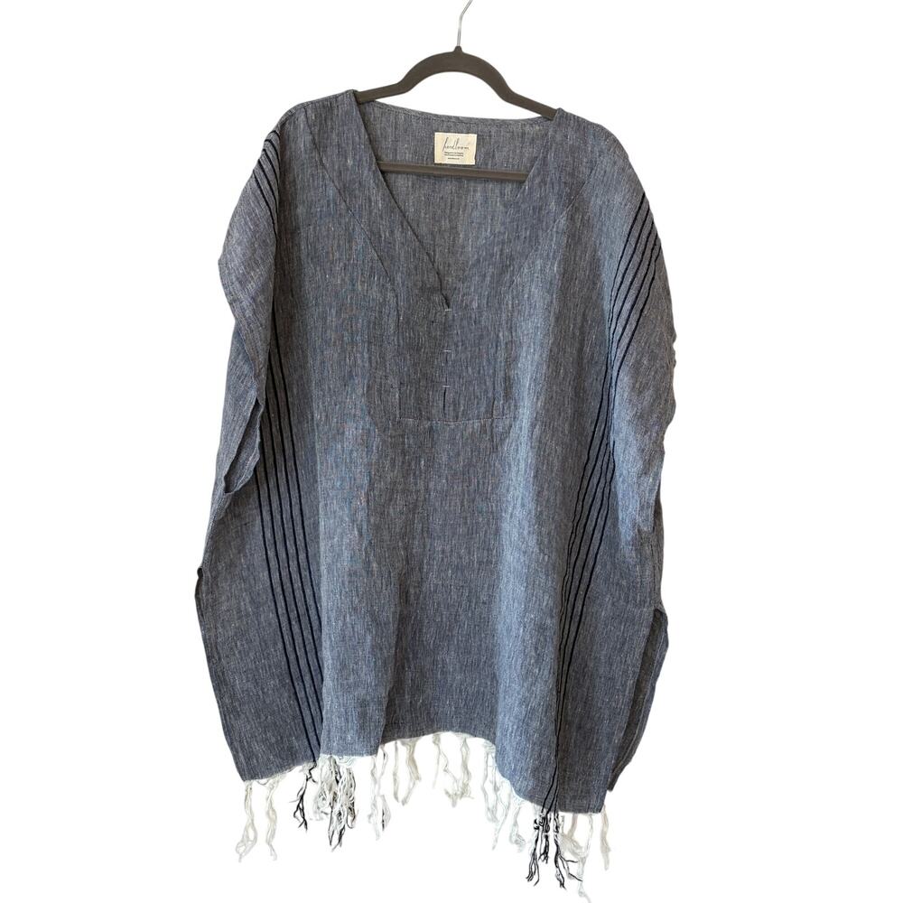 The Handloom kimono tunic one size linen grey stripe v-neck fringe poncho
